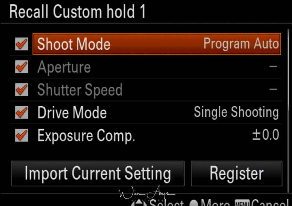 Reg Cust Shoot Set settings