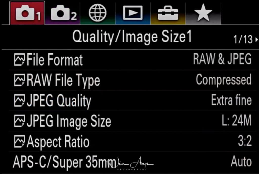 Quality and image size settings page 1