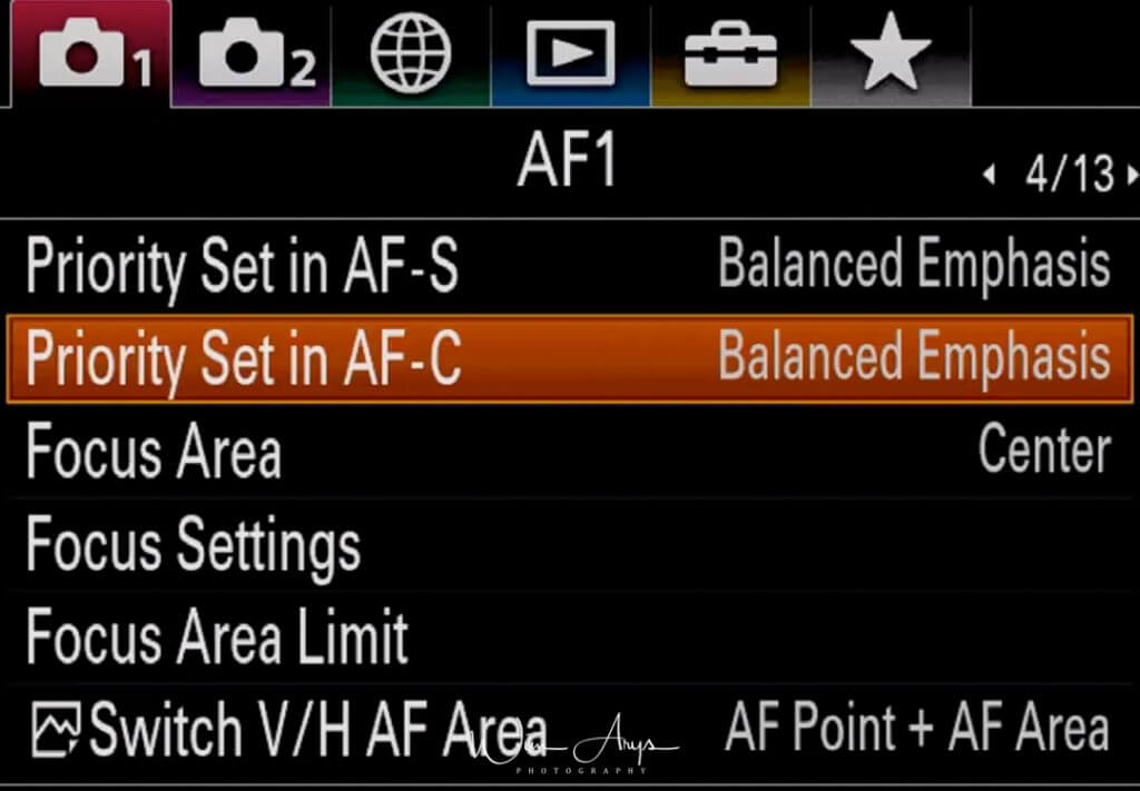 Autofocus settings page 1