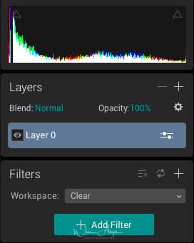 Luminar histogram, layers and filters pannel