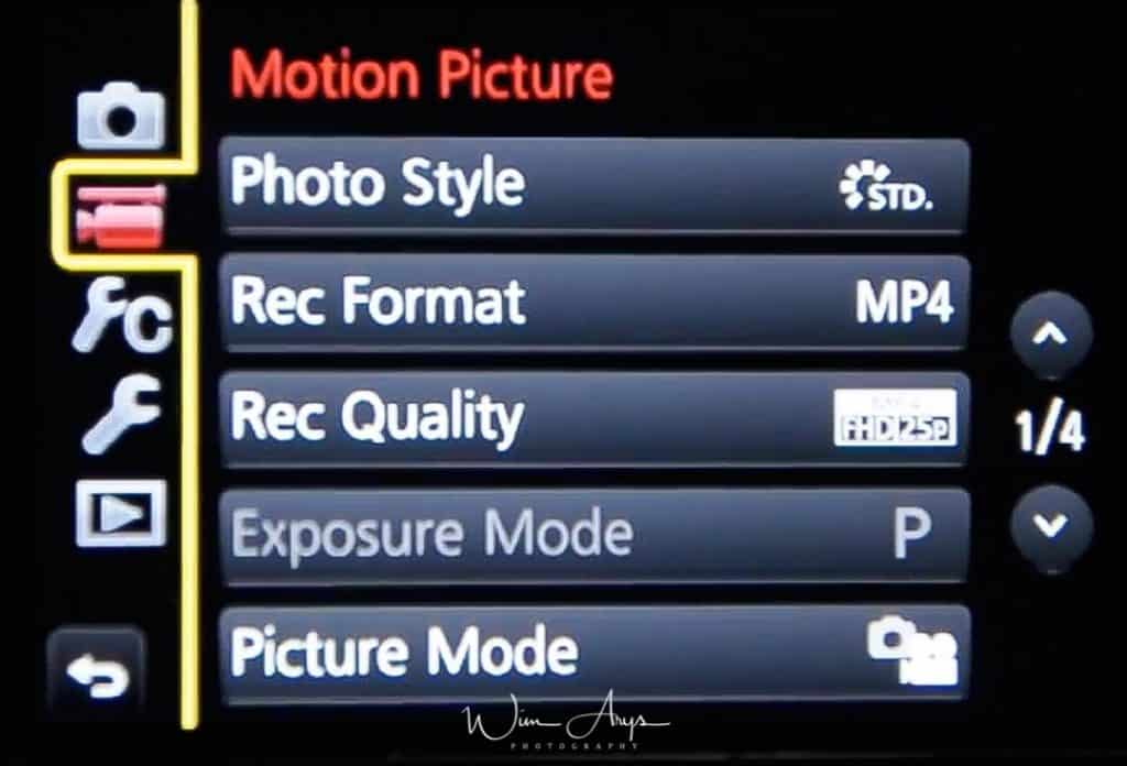 MENU → Film Camera Icon → page 1 of 4 (also called Motion Picture Menu)