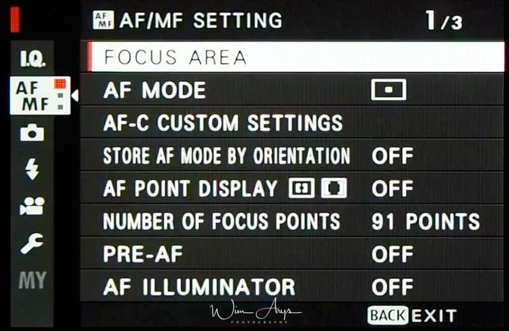 Fujifilm X-H1 AF/MF Setting page one 