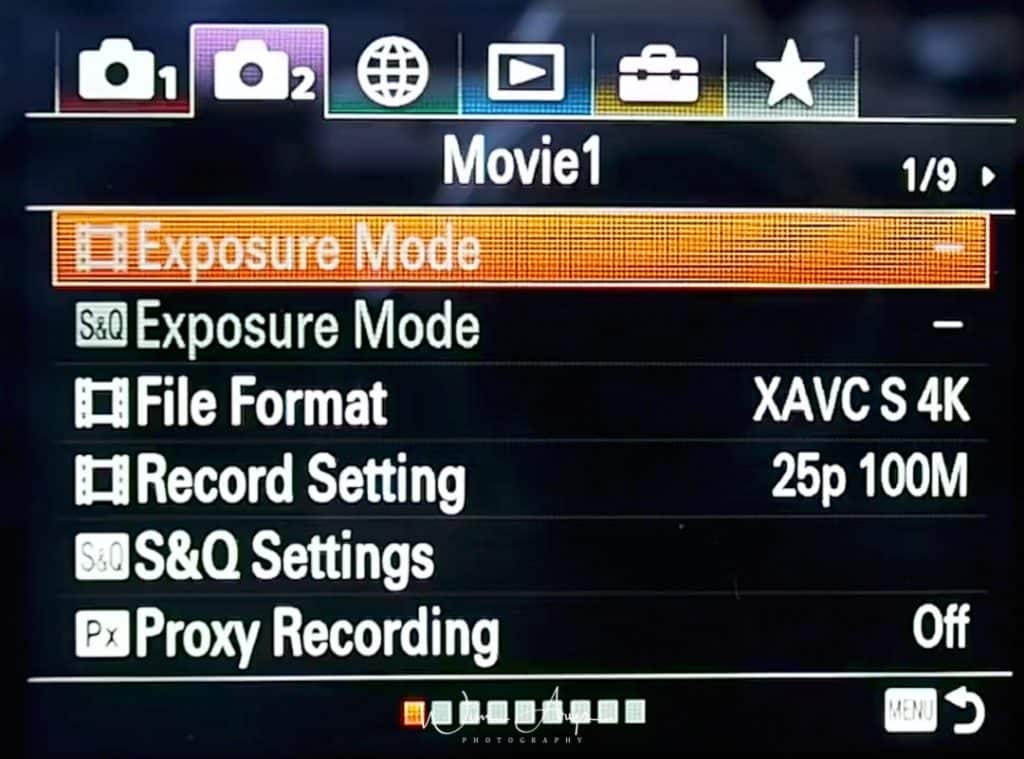 Movie exposure and general settings page 1