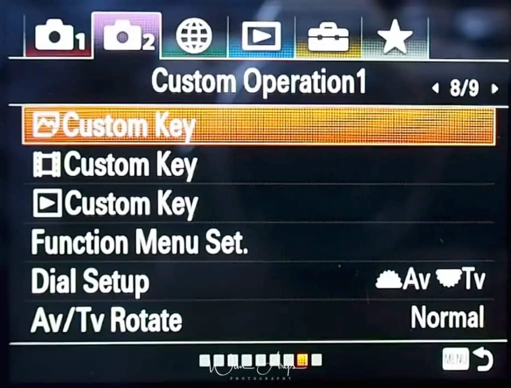 Custom operations (custom key settings) for movie mode page 1