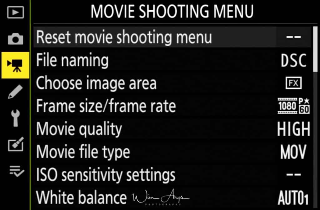 Movie Shooting Menu page 1