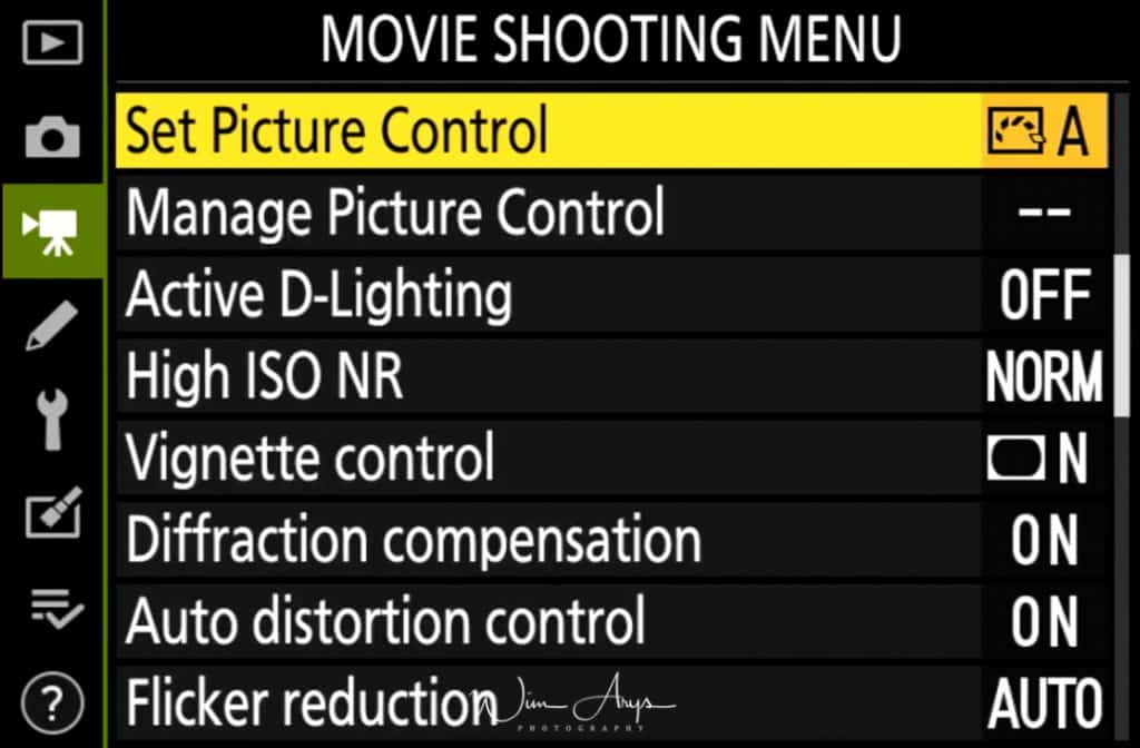 Movie Shooting Menu page 2