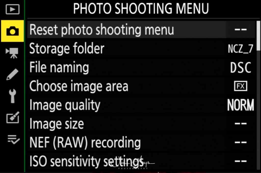 Photo Shooting Menu page 1