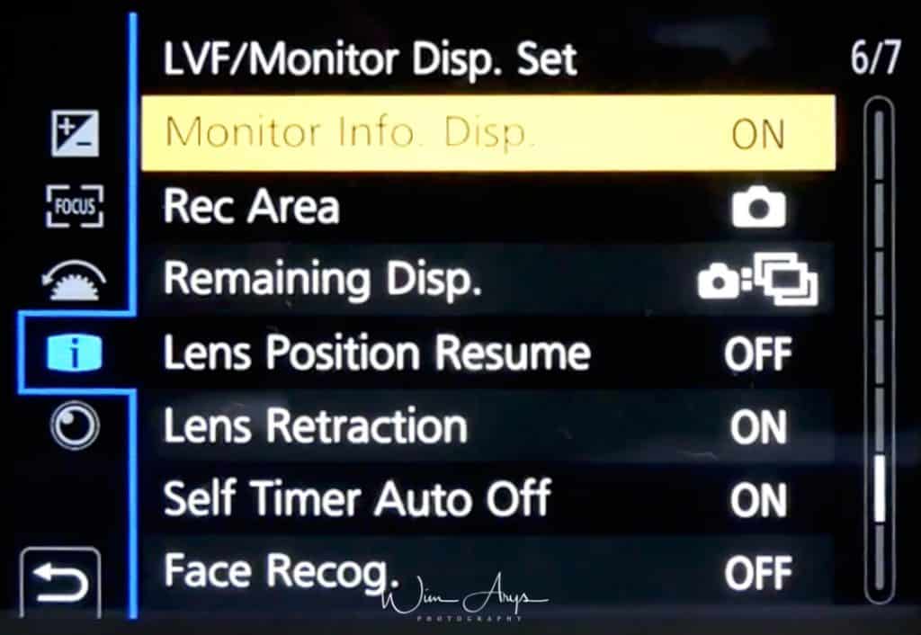 Monitor/ Display Menu page 6 of 7 (monitor and lens behaviour settings