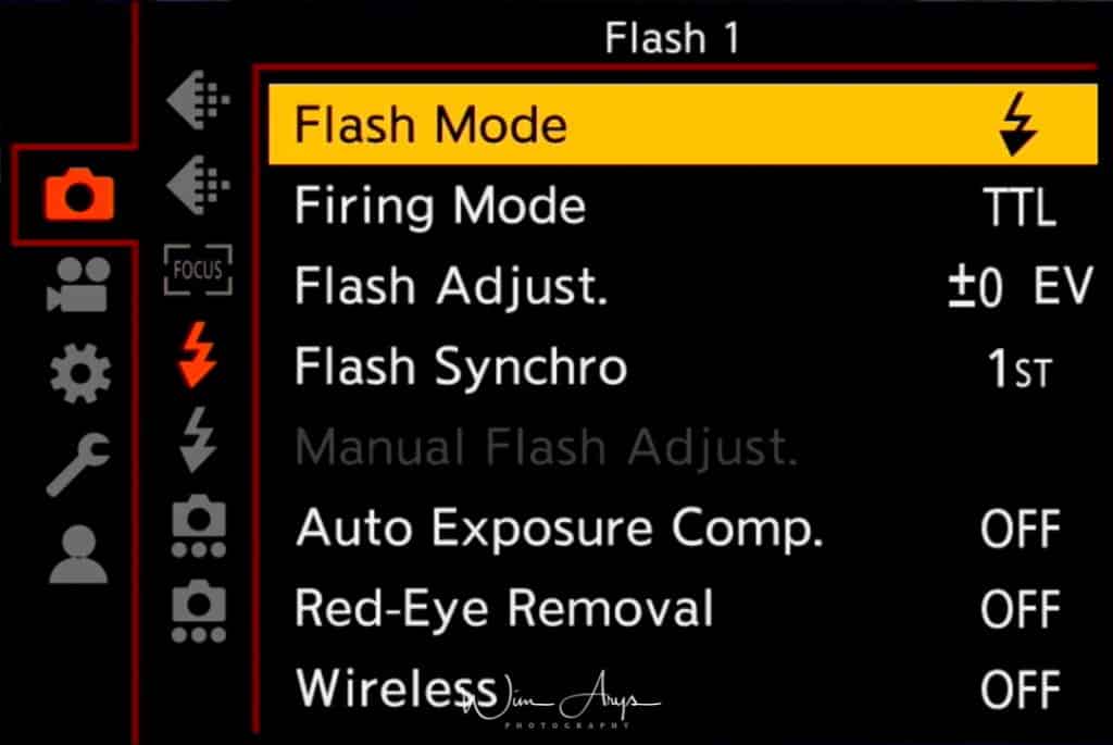 Panasonic S1R, photo settings, flash settings page 1