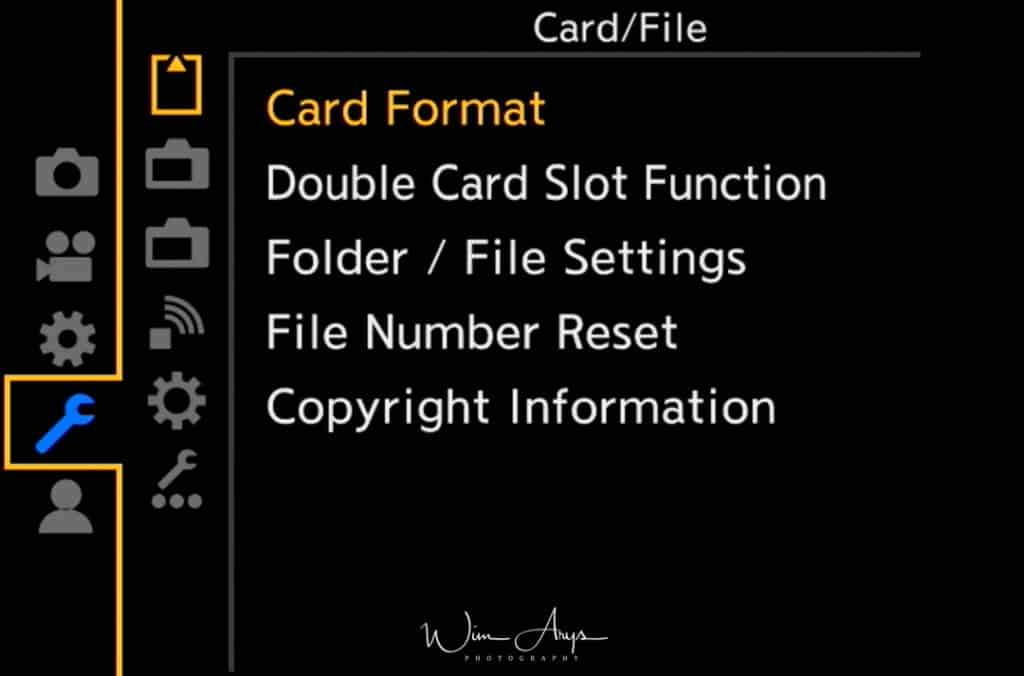 MENU → Setup Menu → page 1 of 5 (General Camera Setup)