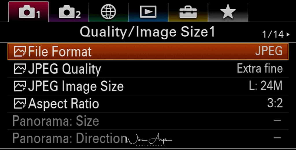 Quality and Image Size settings page 1