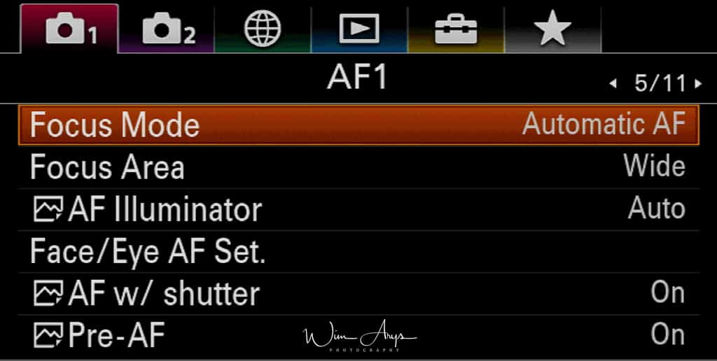 Autofocus settings page 1