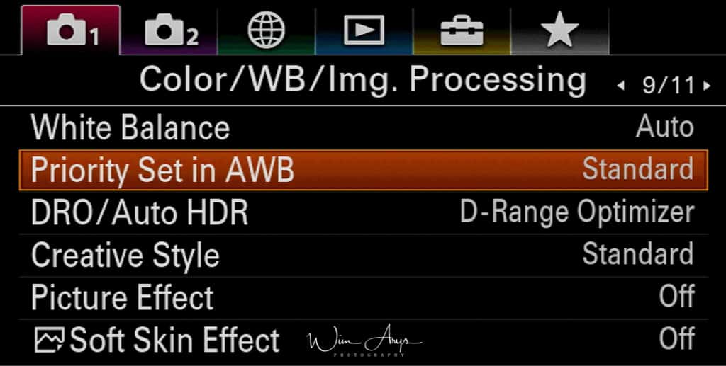 Color, white balance and image processing settings