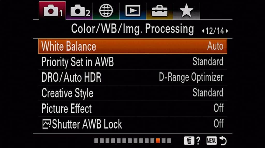 Color, White Balance and Image processing settings page 1