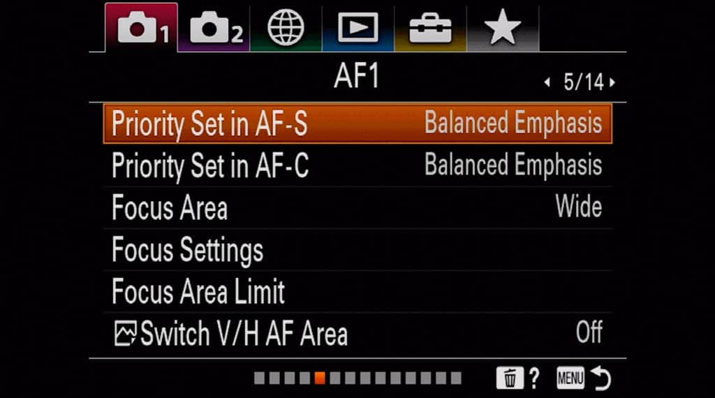 Autofocus settings page 1