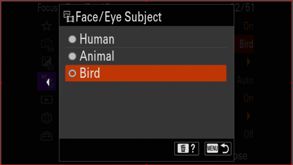 Sony A1 menu bird eye AF