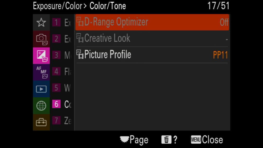 sony a1 menu page 17