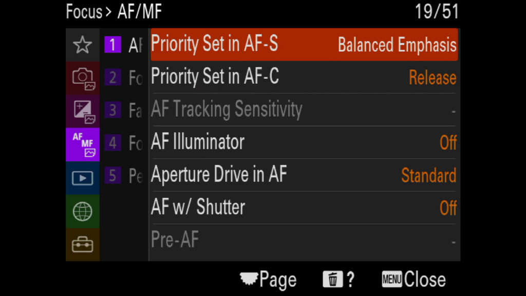 sony a1 menu page 19