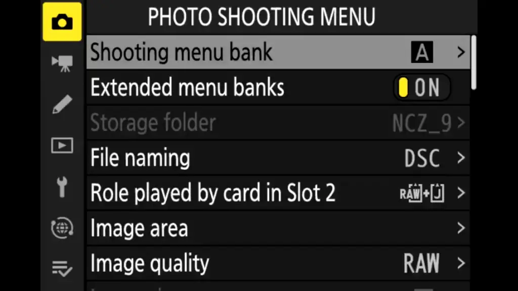 Nikon Z9 Photo shooting menu page1