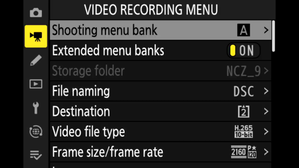 Movie Shooting Menu page 1