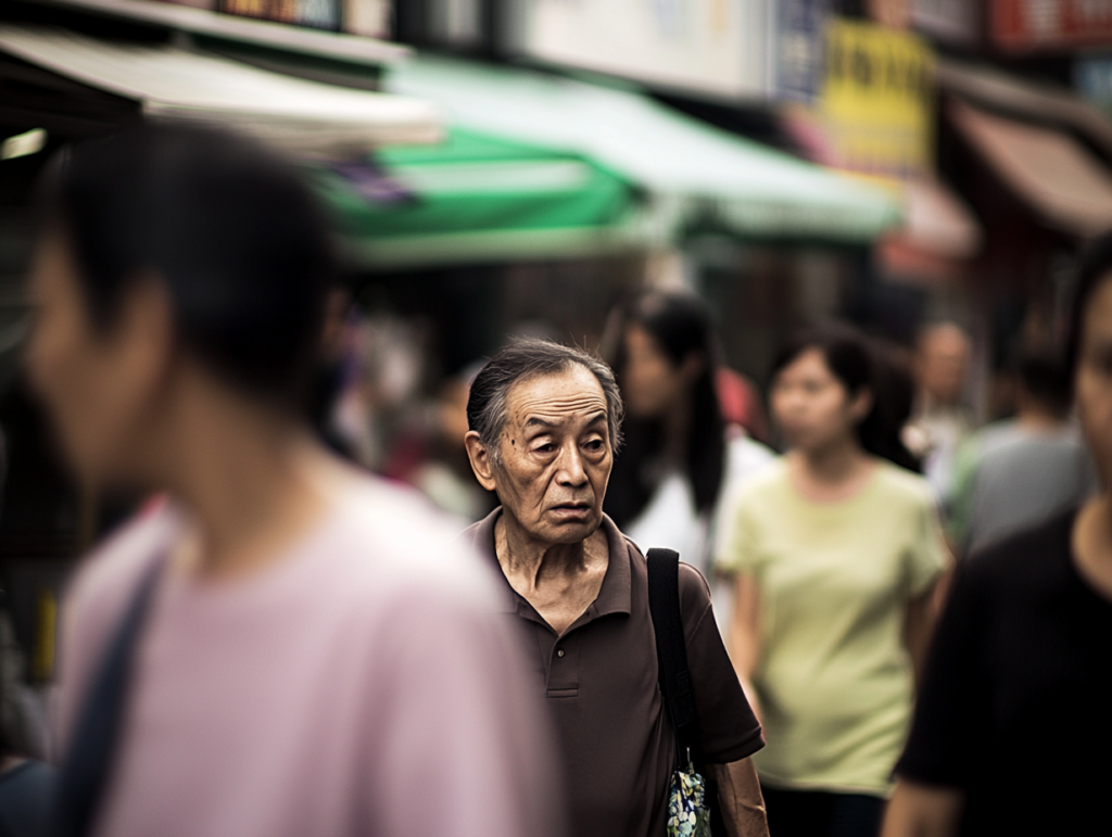  a bustling street scene where a central subject 