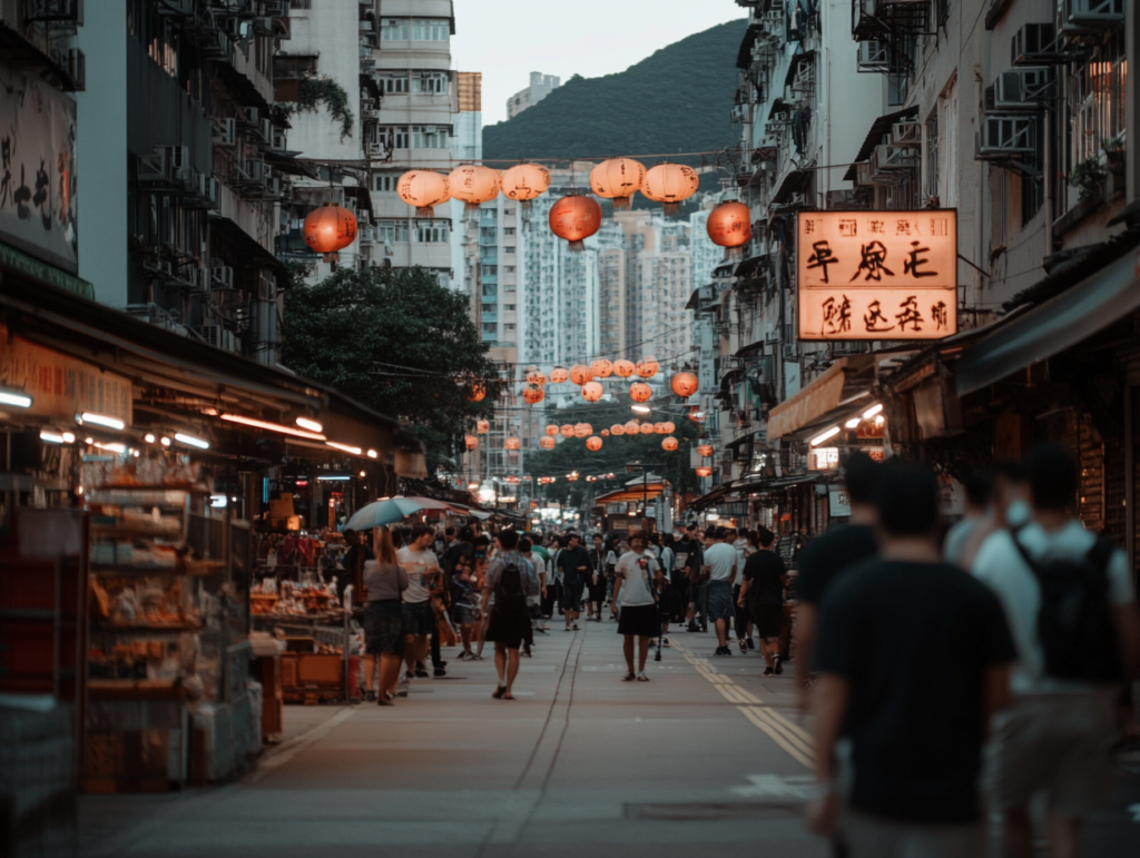  a bustling street scene where a central subject 