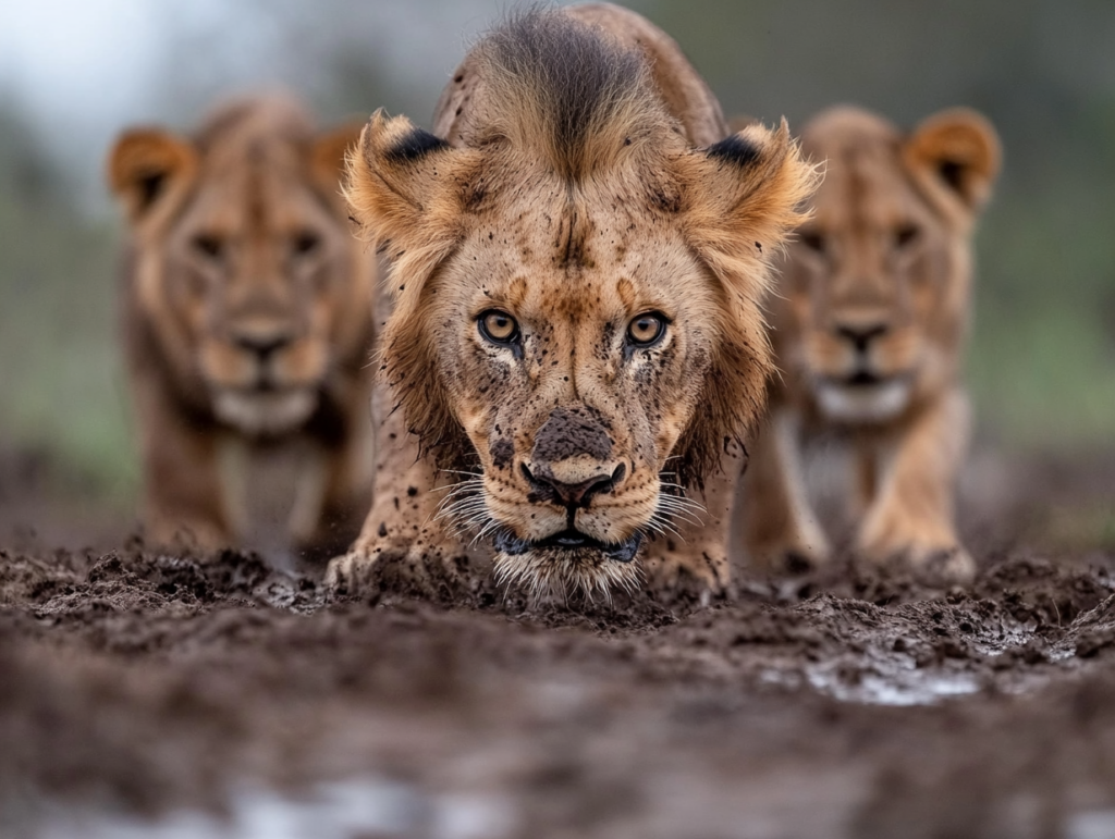 a close-up of a pack of lions with reflections