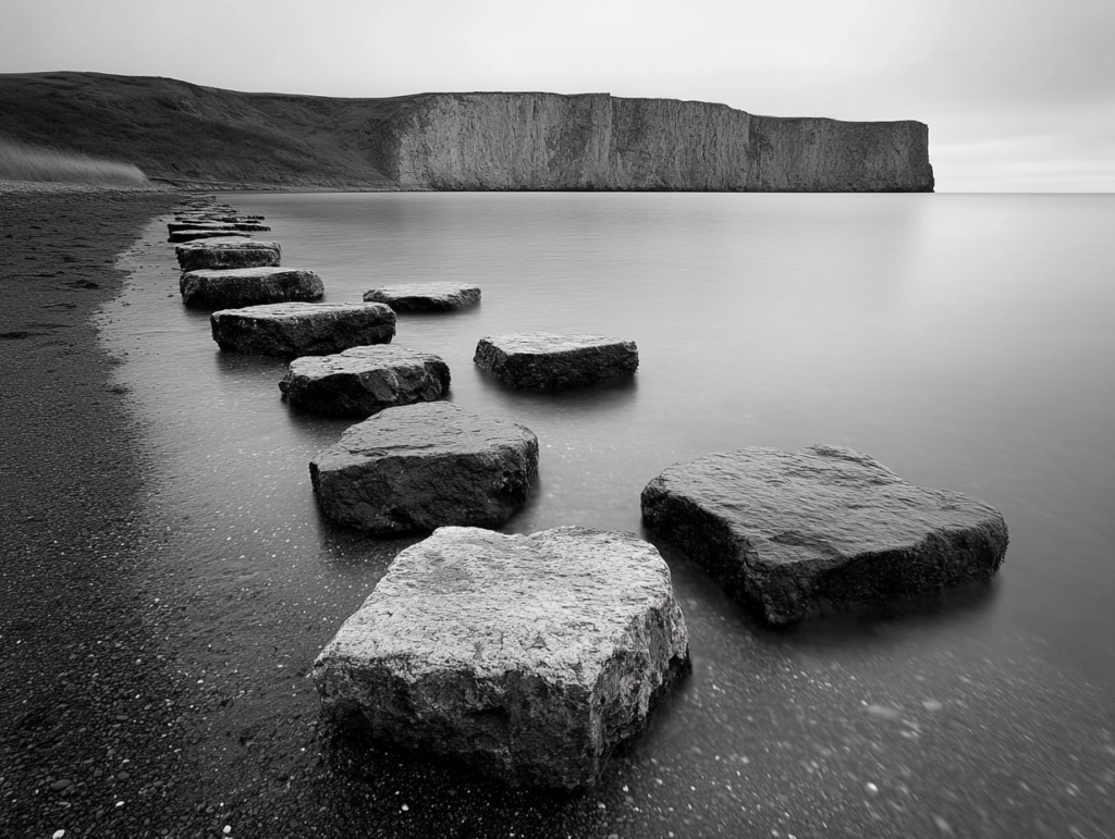  a coastal landscape captured in the late afternoon in black and white 