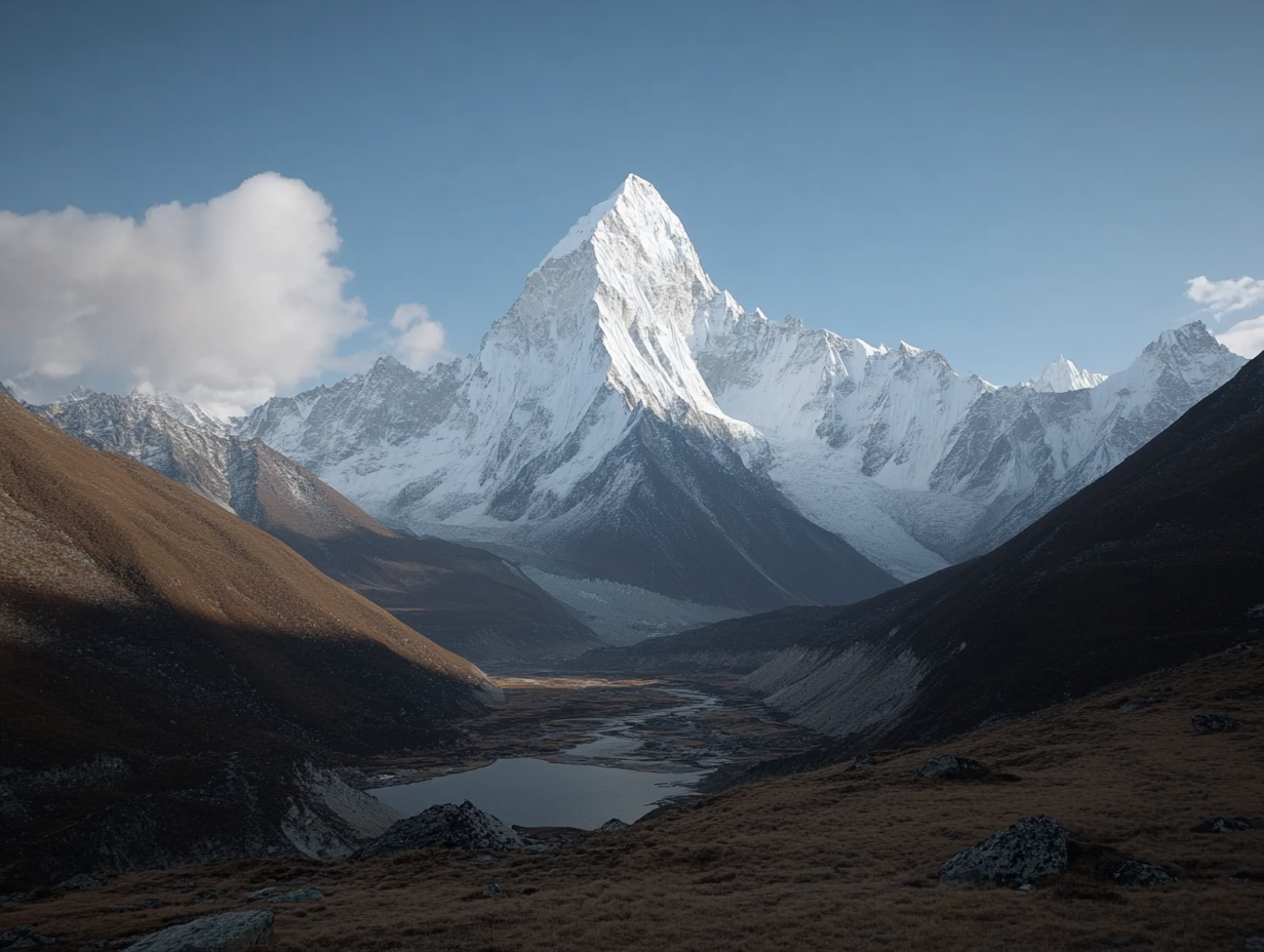 a photograph of a vast mountain landscape at midday with bright skies
