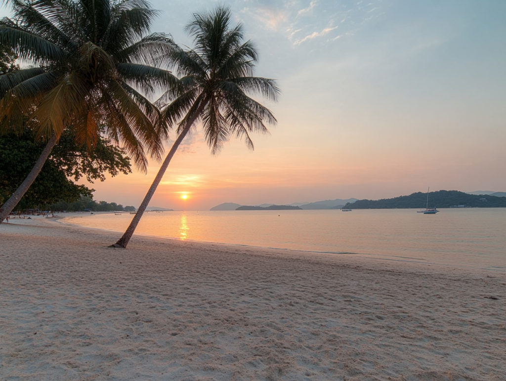  a sunset beach scene with deep orange and pink
