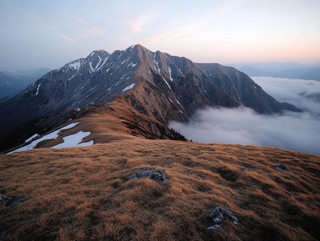 a vast mountain landscape at dawn with fast moving clouds