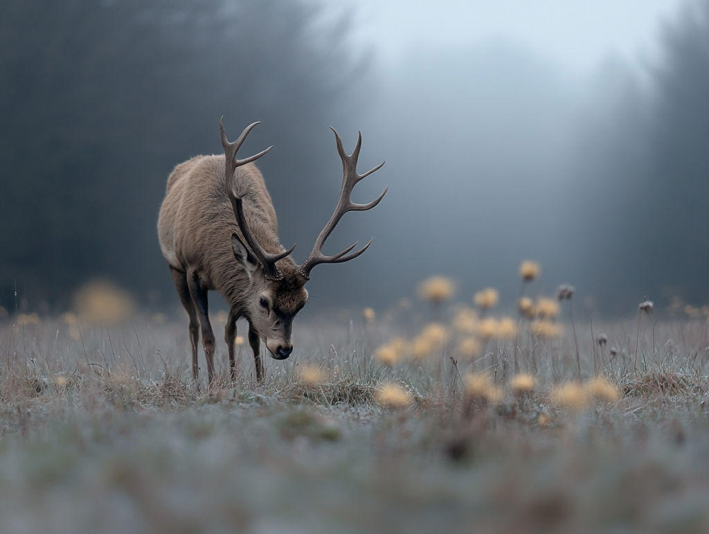 a wildlife scene of deer grazing in an open field