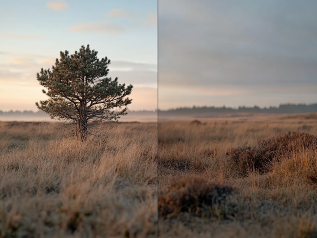  an evening landscape with shadowed trees, with and without noise