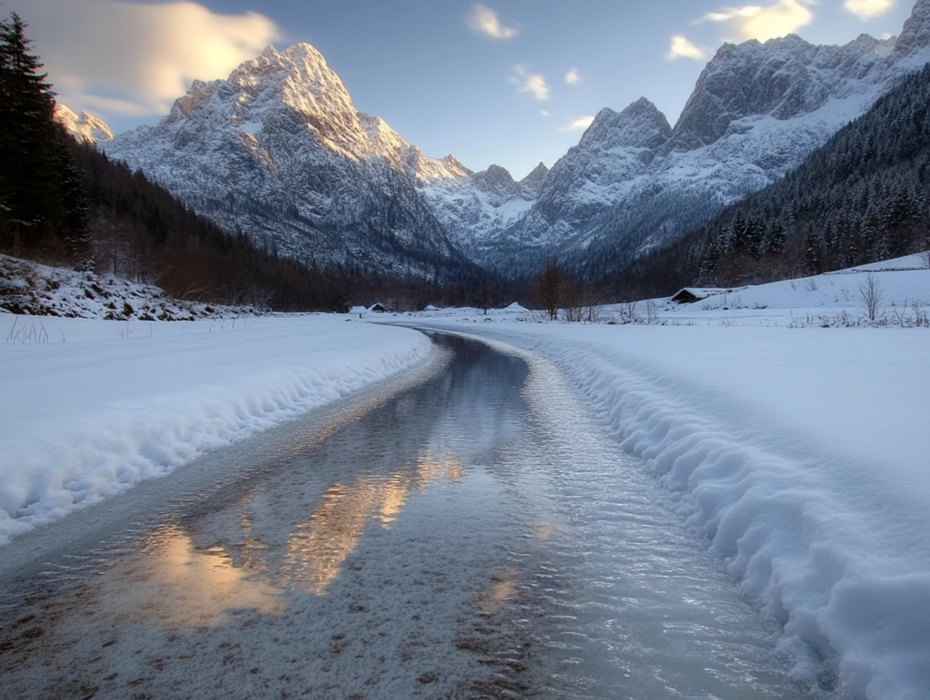 a winter landscape with snow capped mountains hdr