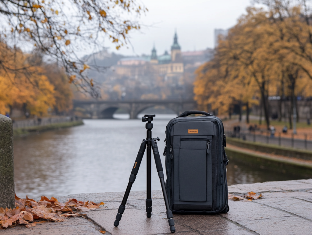  a camera tripod folded up in a camera bag 